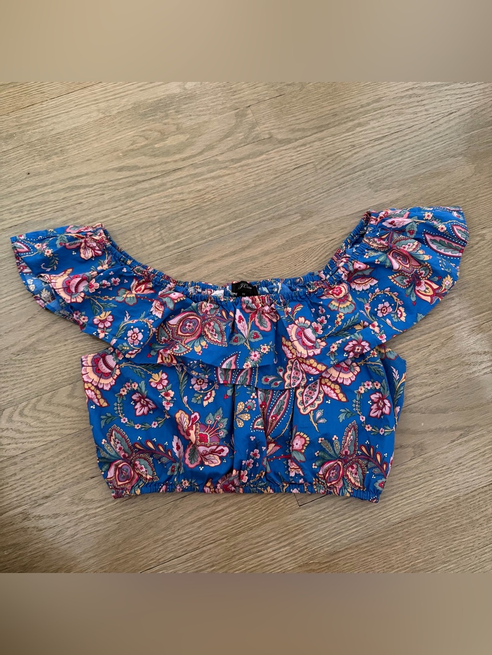J.Crew London blue Paloma Paisley print off shoulder crop top